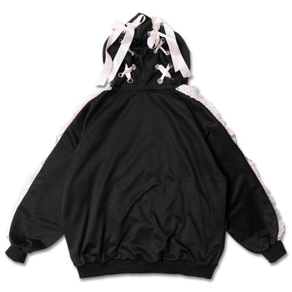 NEW ACDC RAG - Love Punk Lace & Ribbon Black Pink Oversized Zip Up Hoodie - Picture 2 of 6